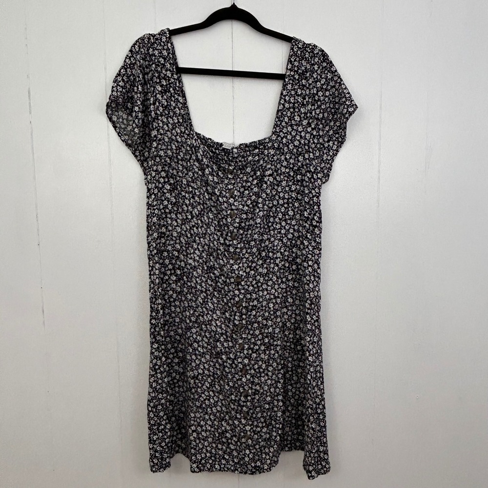 American Eagle Floral Button Front Mini Dress Black White Square Neck XL